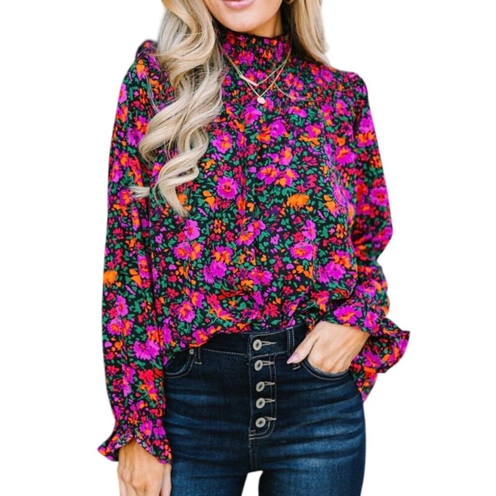 Jodifl Black Ditsy Floral Mock Neck Long Sleeve Smocked Cuff Blouse Size L